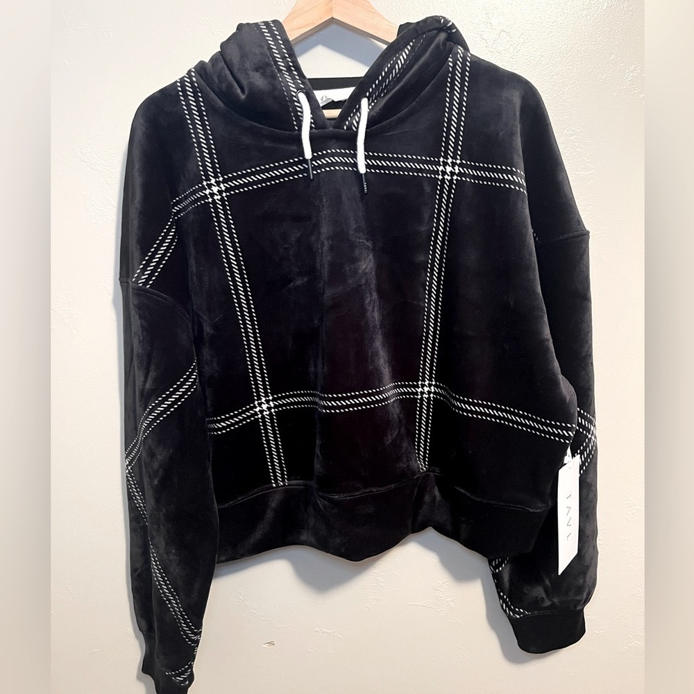 Tavi Campfire Hoodie Size Large Black White Window Pane Stripes Cropped Velour - Picture 2 of 14